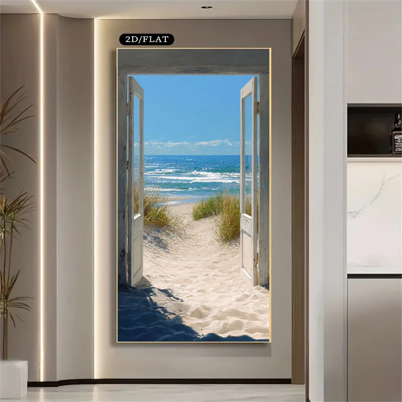 1pc frameless Canvas Painting 2D/Flat Extra Large Modern Coastal Beach Canvas Wall Art Unframed Realistic Ocean View & Open Door