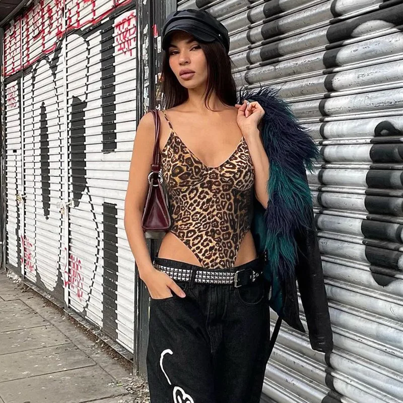 Cryptographic Leopard Animal Print Bodysuits Outfits for Women Sexy Backless Sleeveless Skinny High Rise Tops One Piece Teddy