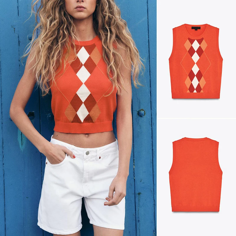 

Spring Summer New Women's Simple Sle Knitted round Ne Vest Top Diamond Pattern Commute Polyester Fiber Regular Length