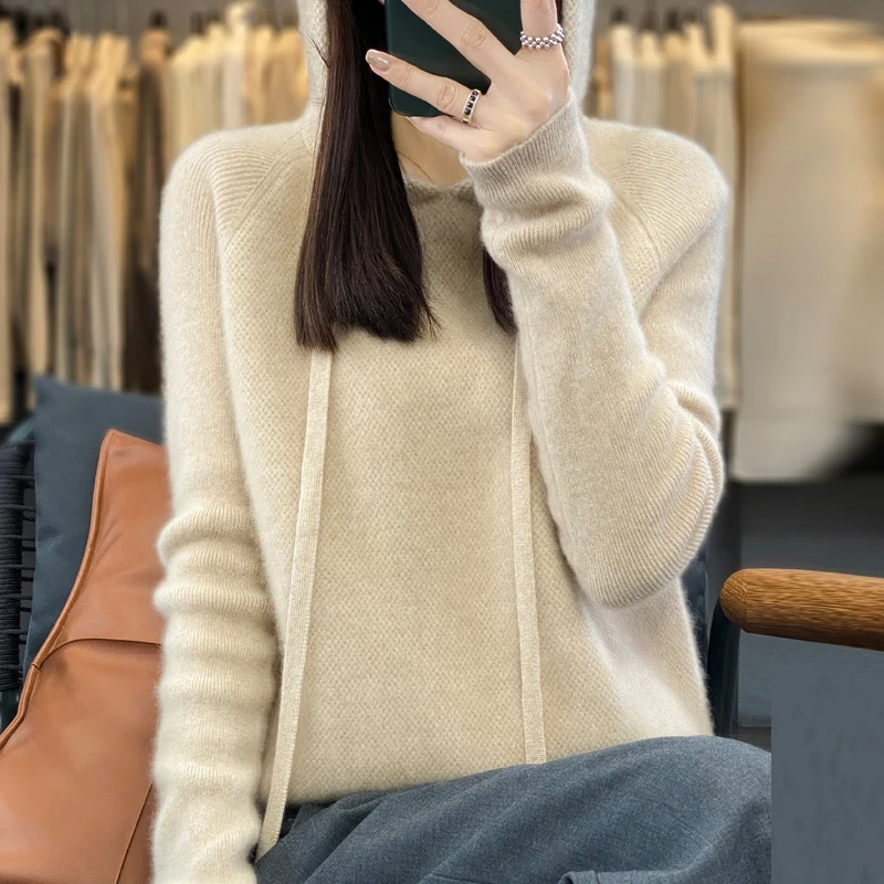 Korean Women\'s Thick Hooded Jumper 100% Merino Wool Hooded Sweater Autumn/Winter New Fashion Warm Knit Top Jacket