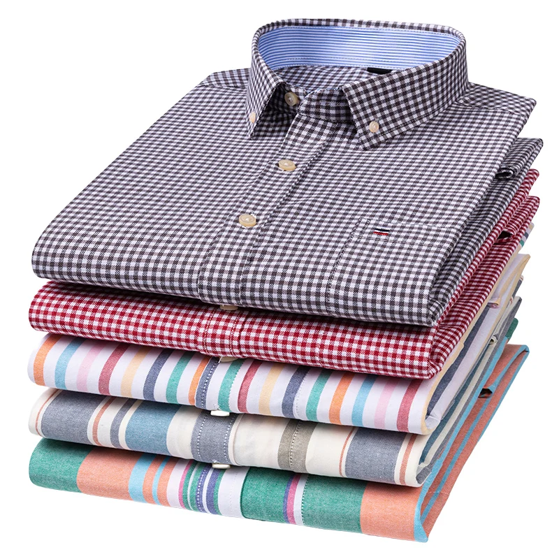 100% Cotton Men's Oxford Shirts Long Sleeve Casual Plaid Soft Regular Fit Formal Dress Shirt Social Blouse Male Clothes 7XL 6XL