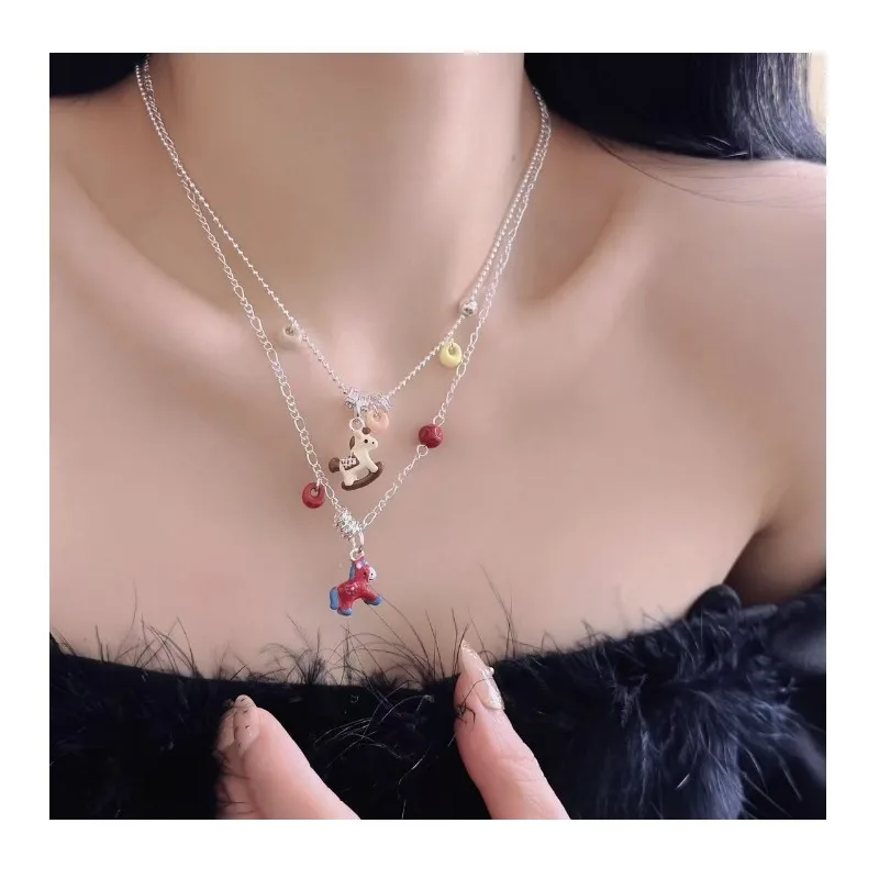 

Dopamine Color Fun Pony Pendant Necklace Female Sweet Niche Design Sense Cute Exquisite Collarbone Chain Explosion