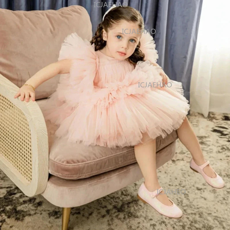 Peach Pink Ruffles Baby Girl Dresses Tulle First Communion Ball Gown Kids Birthday Wedding Party Dress Knee Length Tiered Flower
