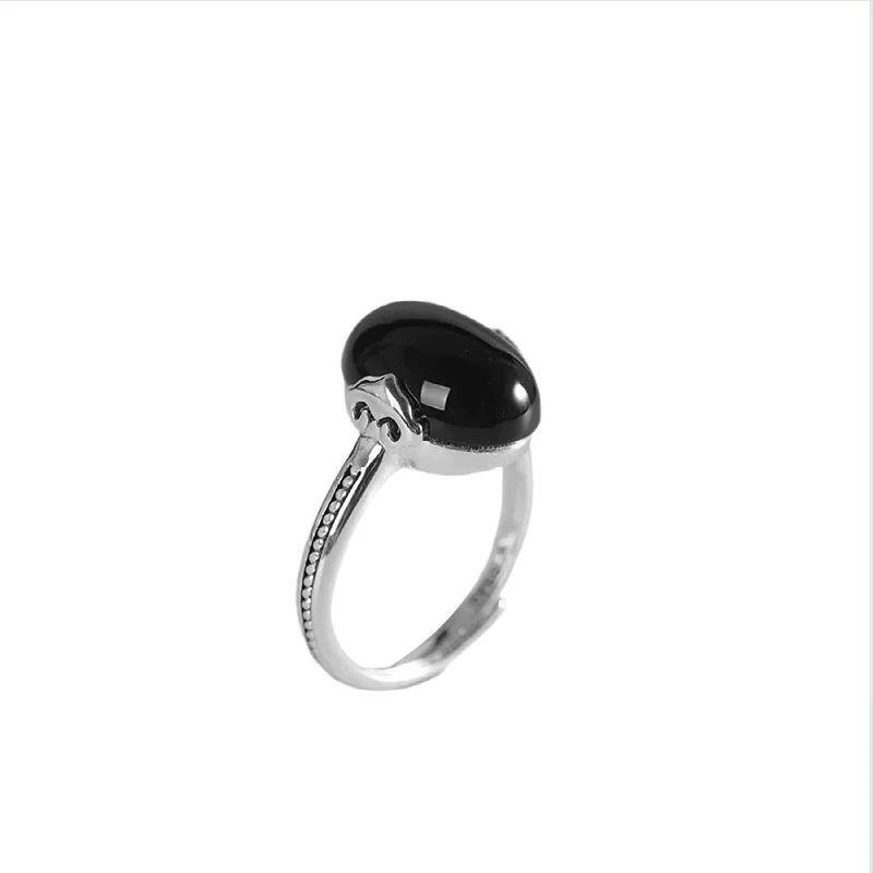 Literary and retro ring S925 sterling silver black agate ring with egg-shaped surface and auspicious cloud pattern, simple openi