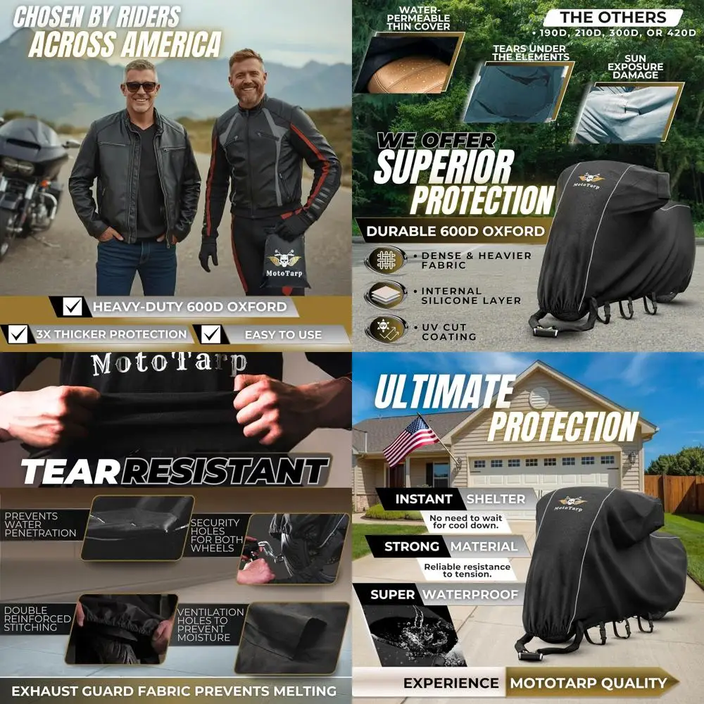 غطاء دراجة نارية عالي التحمل 600D مقاوم للماء بنسبة 100%؛ نافذة لوحة الترخيص، واقي حرارة العادم، عاكسات ليلية، فتحات قفل العجلة (