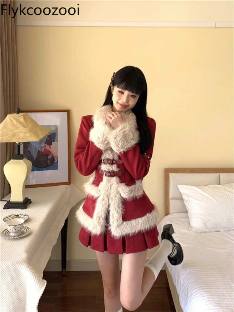 Fashion Design Festival Plush Spliced Cardigan Coat Female Autumn and Winter Temperament High Waist Sexy Pleated Skirt Suit