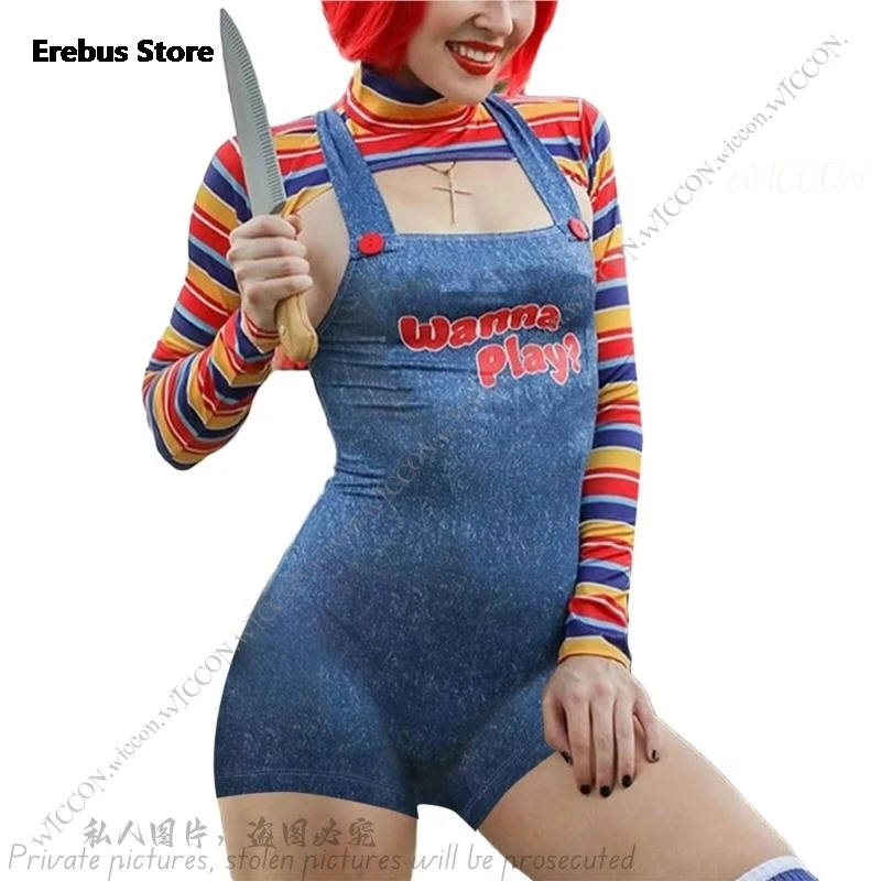 Scary Nightmare Halloween Costumes for Women Killer Wanna Play Movie Character Bodysuit Chucky Costume Set Halloween Party