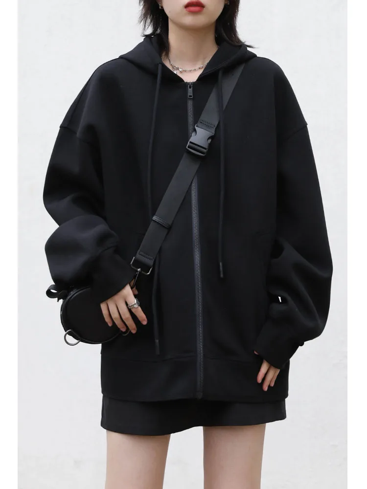 Women Hoodies Solid Color Zip Up Pocket Oversized Harajuku Korean Sweatshirts Female Long Sleeve Hooded Streetwear Casual Top