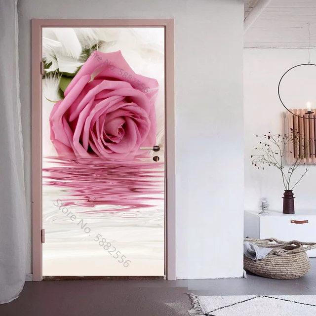 Autocollant Mural 3D Fleur Rose Pour Porte - 90x200 Cm - PVC Auto-adhésif Amovible Pour Salon, Chambre, Bureau - 8