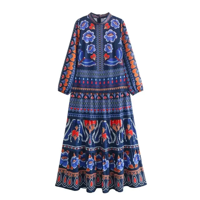 New Woman's Fashion Summer Casual O Neck Zipper Decoration A Line Dresses Woman Elegant Loose Long Sleeves Printed Dress