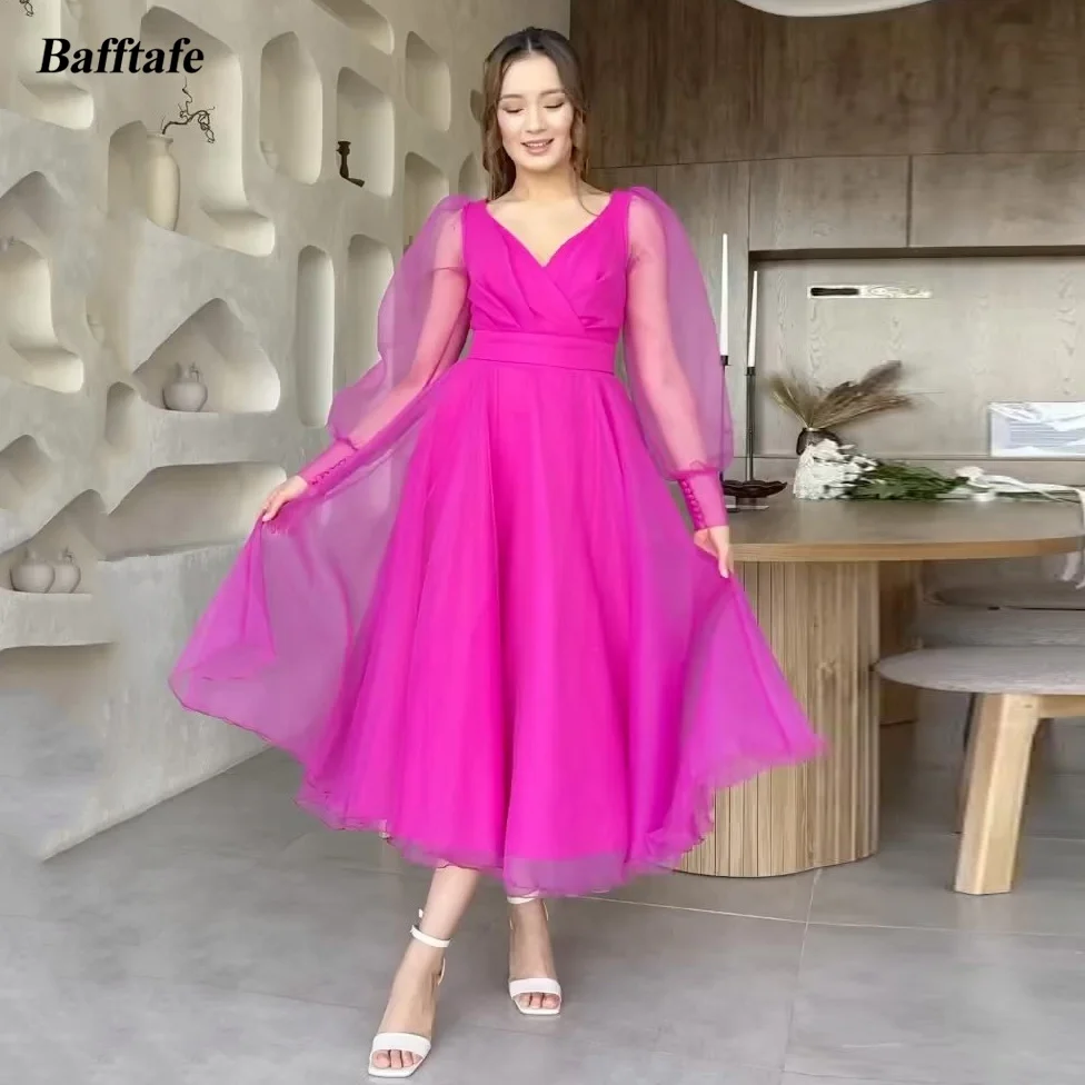 

Bafftafe A Line Fuchsia Organza Graduation Dresses Tea-length Midi Prom Gowns V-Neck Long Sleeves Formal Party Homecoming Gowns