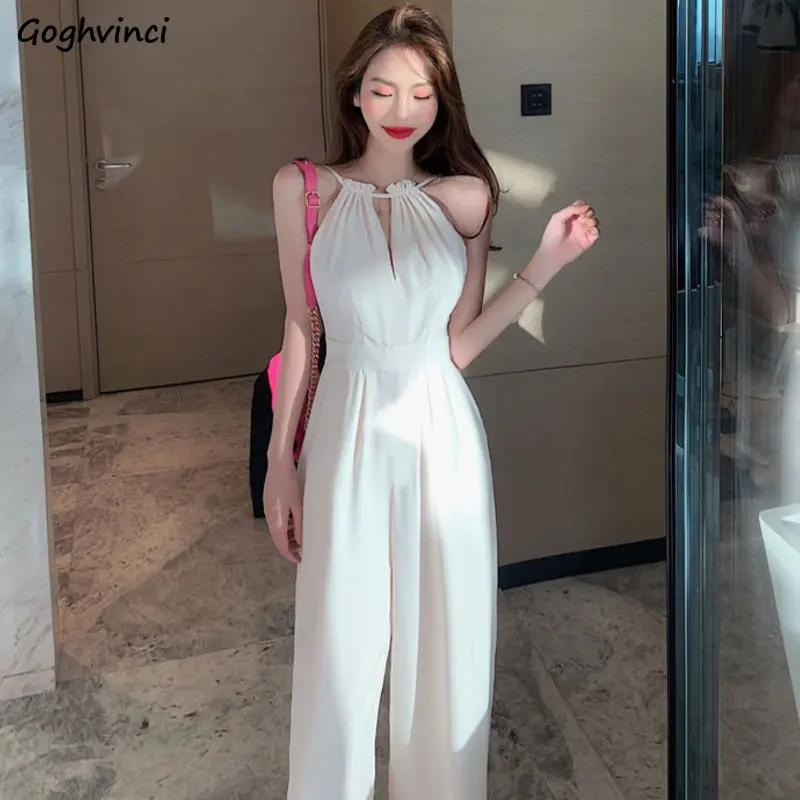 

Hollow Out Jumpsuits Women Backless Halter Elegant England Style Summer Workwear Streetwear Simple Vintage Office Ladies Daily