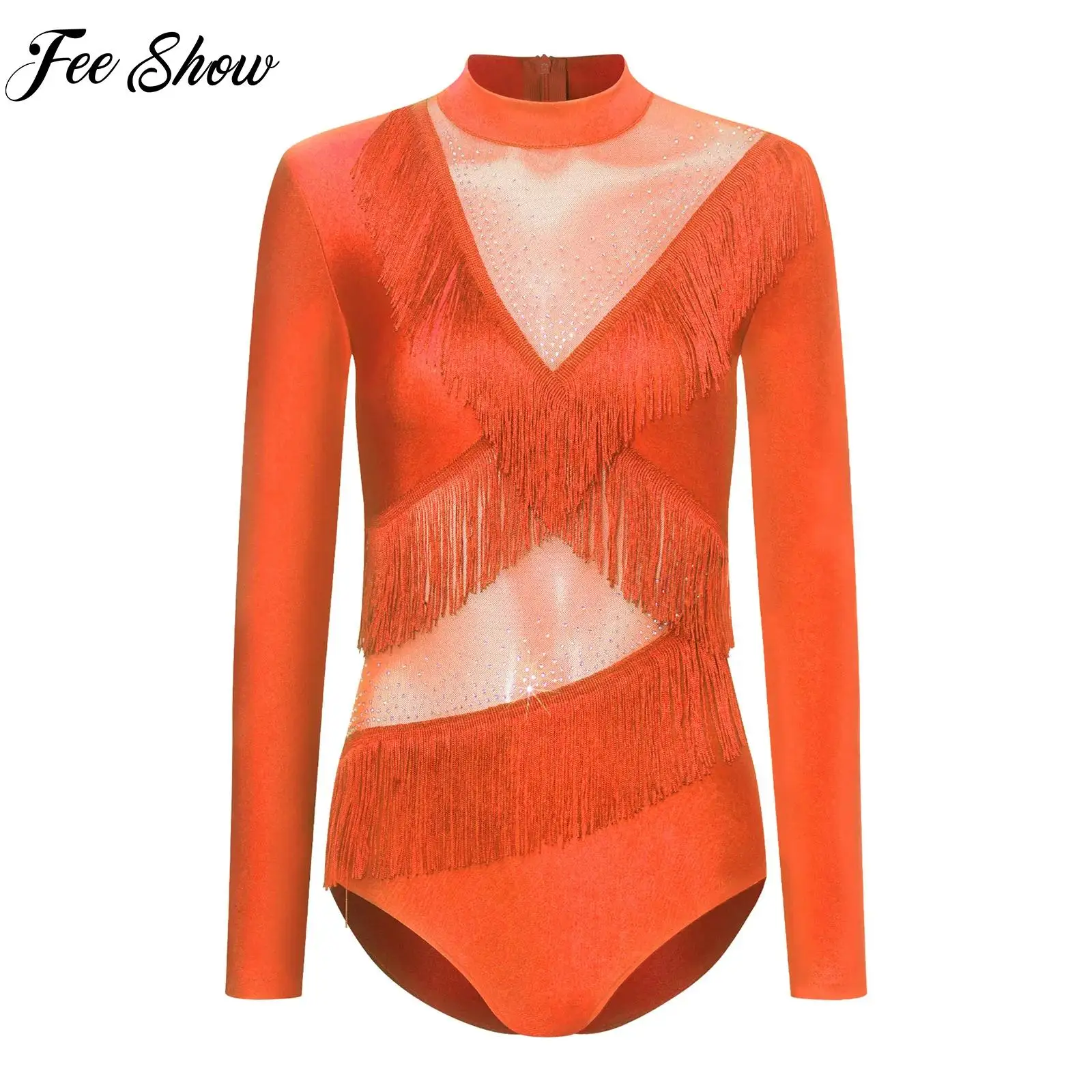 

Women Latin Dance Leotard Patchwork Design Rhinestones Long Sleeve Crotch Press Buttons Fringed Leotard Ballroom Dancing Costume