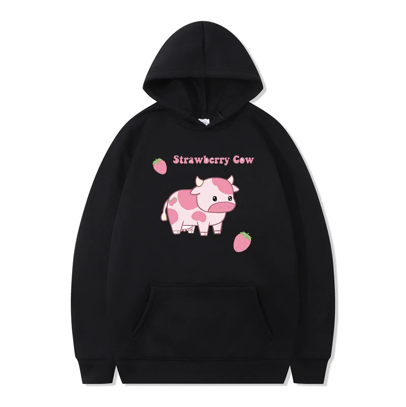 2025 New Cute Strawberry Milk Printed Long Sleeve Hoodie Cute Harajuku Style Top for Girls, Size Up Neutral Warm Sweatshirt