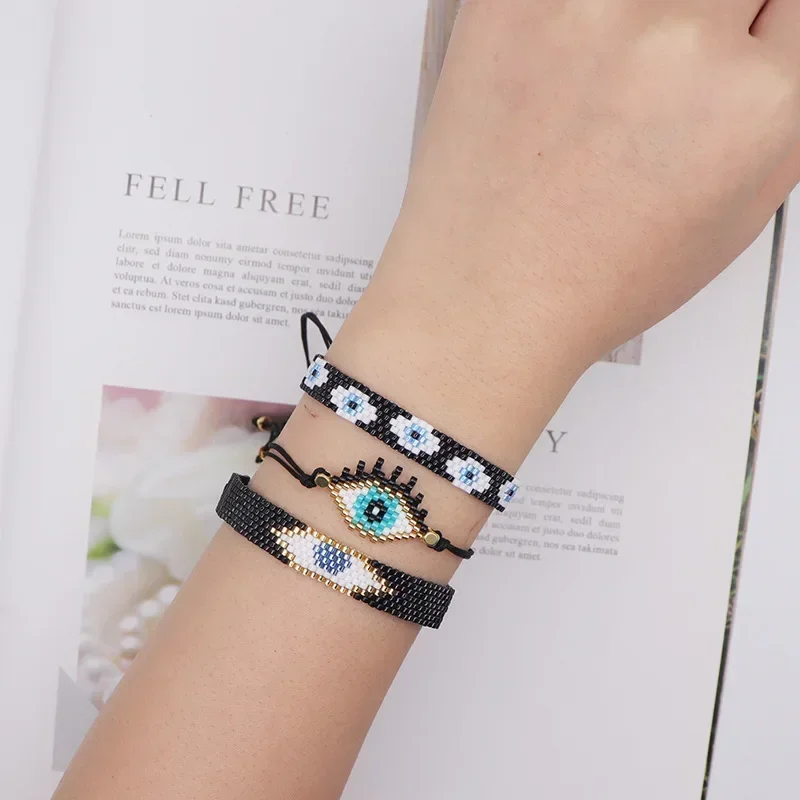 

2025 Handmade Beaded Bracelet Originality Devil's Eye Hand Knitting Design Bohemia Black Adjustable Female Bead Bracelets Set