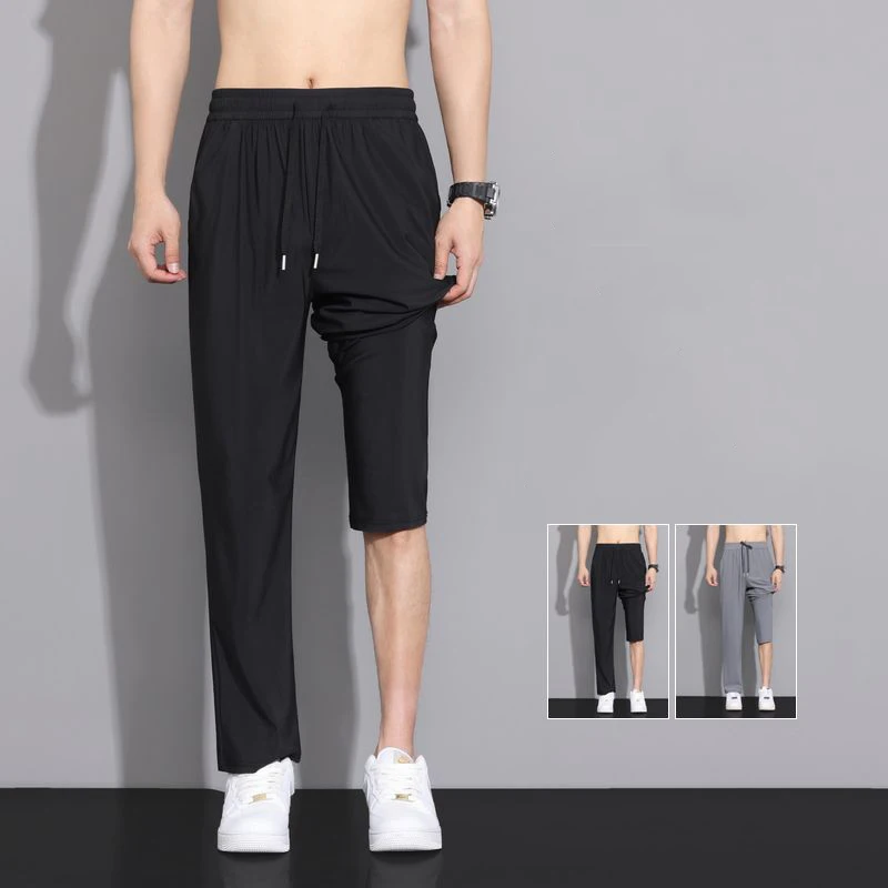 

Summer Men New Ice Silk Breathable Pants Fashion Male Casual Business Straight Leg Trousers Simplicity Drawstring Gray Pants