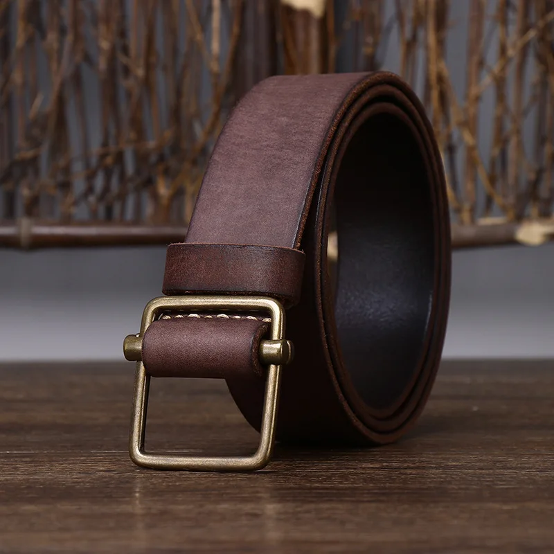 Fashionable Men's No-Hole Leather Belt with Smooth Buckle Top Layer Cowhide Retro Minimalist Cowboy Waistband