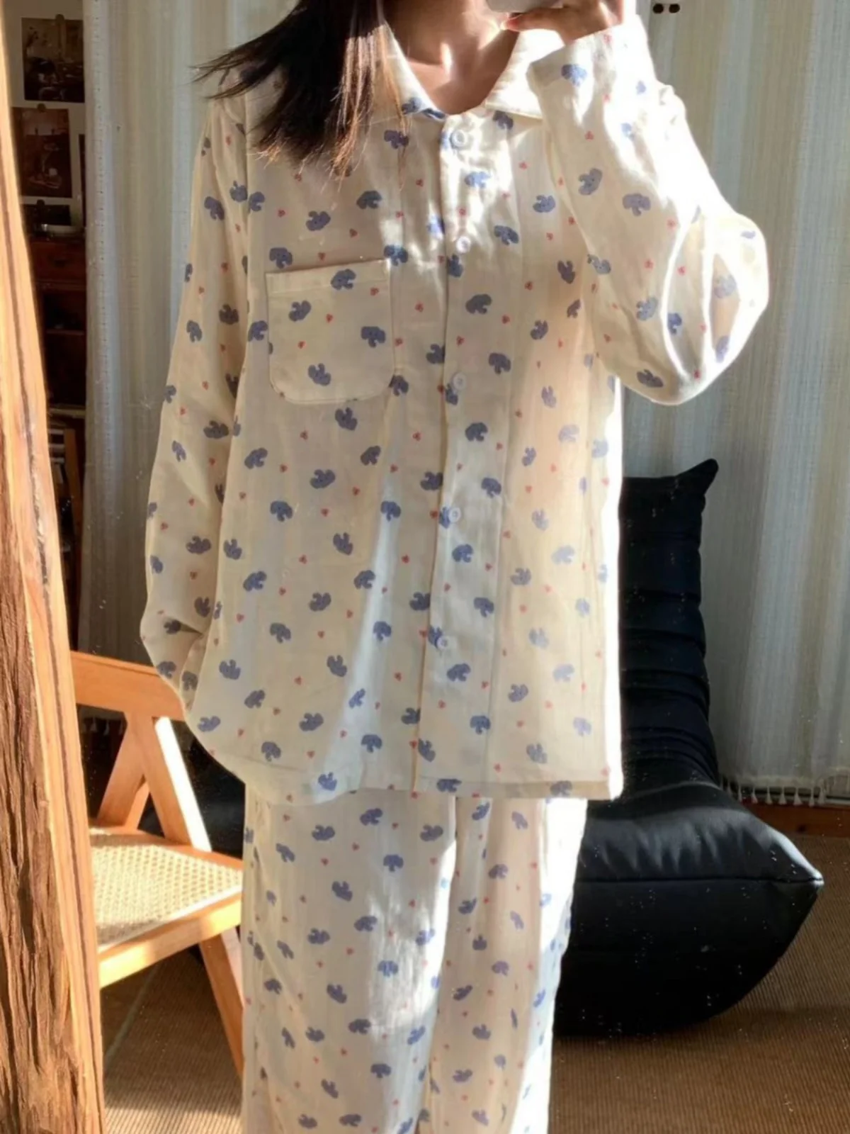 Cotton Double-layer Yarn Cartoon Baby Elephant Light-colored Pajamas Japanese Girls Thin Skin-friendly Soft Casual Loungewear