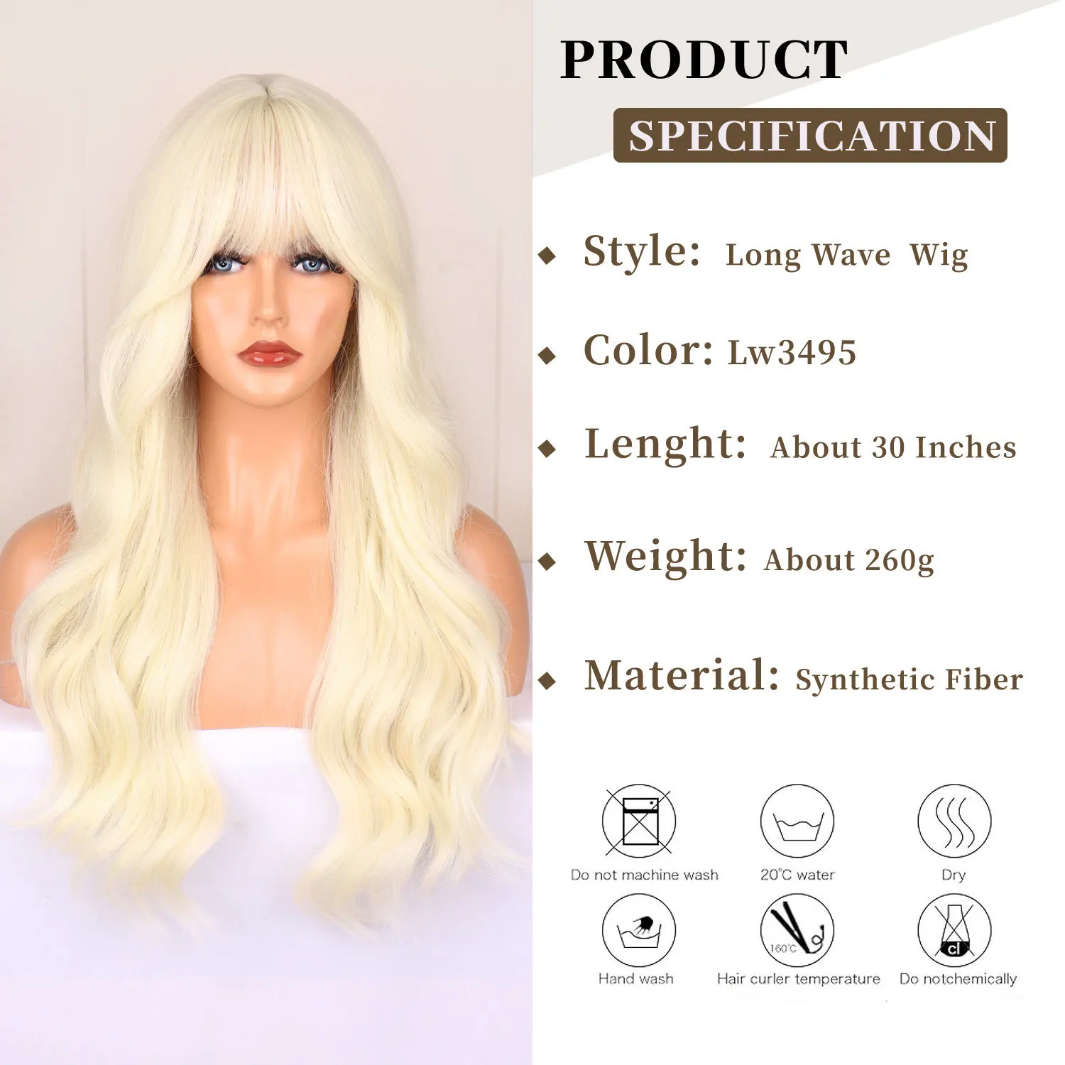 Blonde synthetic wig with straight bangs Ladies Cosplay wig High temperature silk wig set with big waves and long curly hair image 3