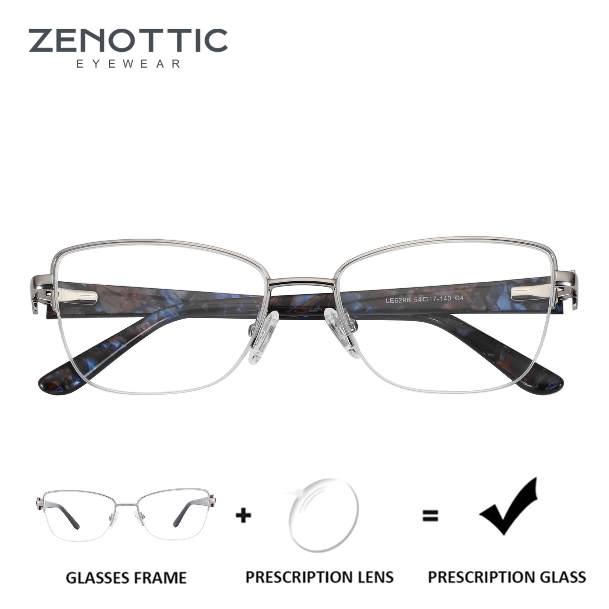 ZENOTTIC (M Size) Modish Half-Rim Cat Eye Prescription Glasses Women Metal Frame For Myopia With Photochromic Progressive Lenses