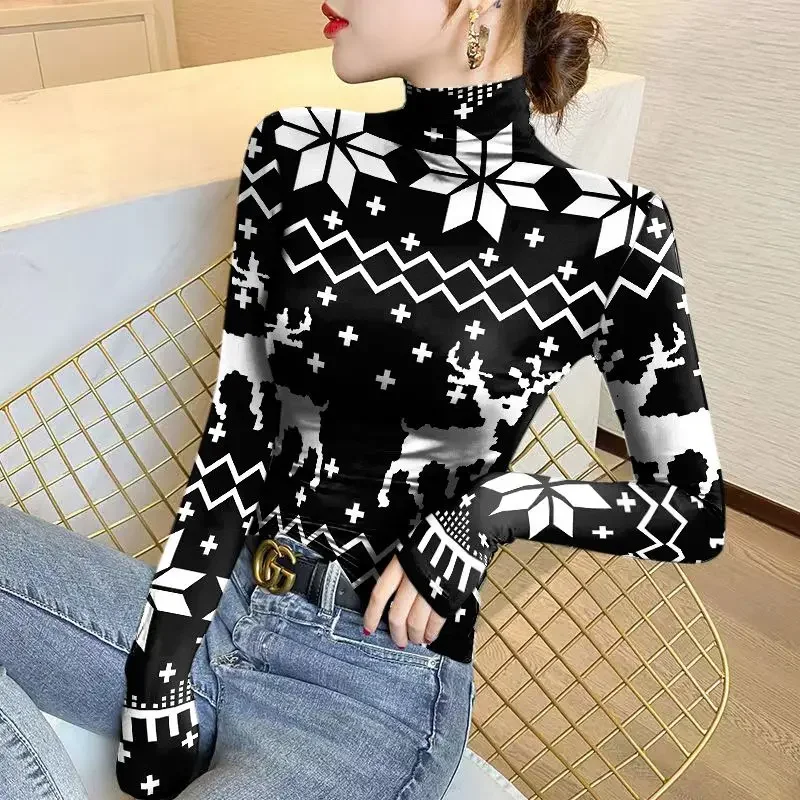 

Women's Thin Half High Neck Underlay Autumn New Fashion Commute Geometric Printed Long Sleeve Pullover T-shirt Slim Tops E346