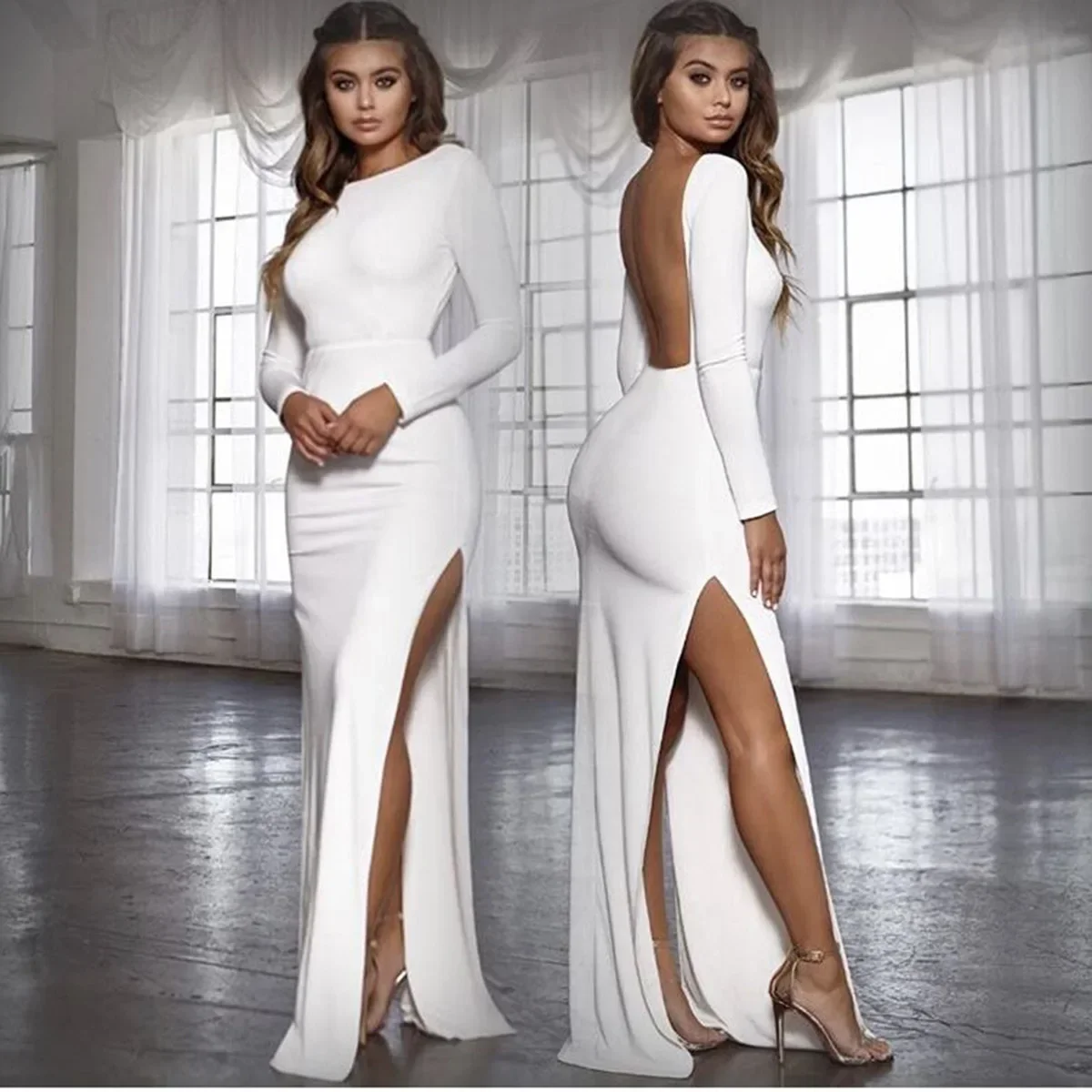 

Women Sexy Backless Split Long Sleeve Maxi Long Slit Dress Girls Clubwear Party Wear Vestidos High Waist Floor Length Sheath