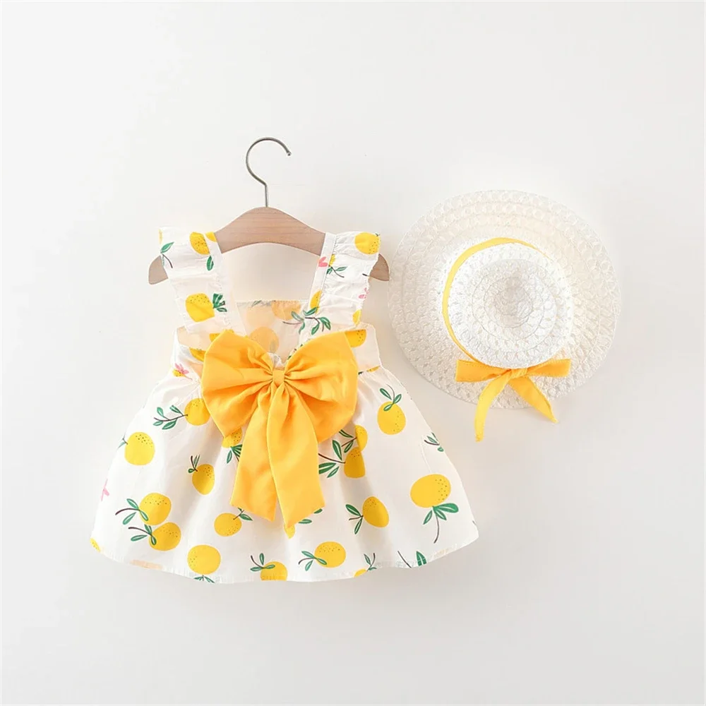 (Girls 0-3 Years Old) Summer New Girls Dress Halter Small Flying Sleeve Bow Ribbon Pear Flowers Printed with Large Bow Ribbon