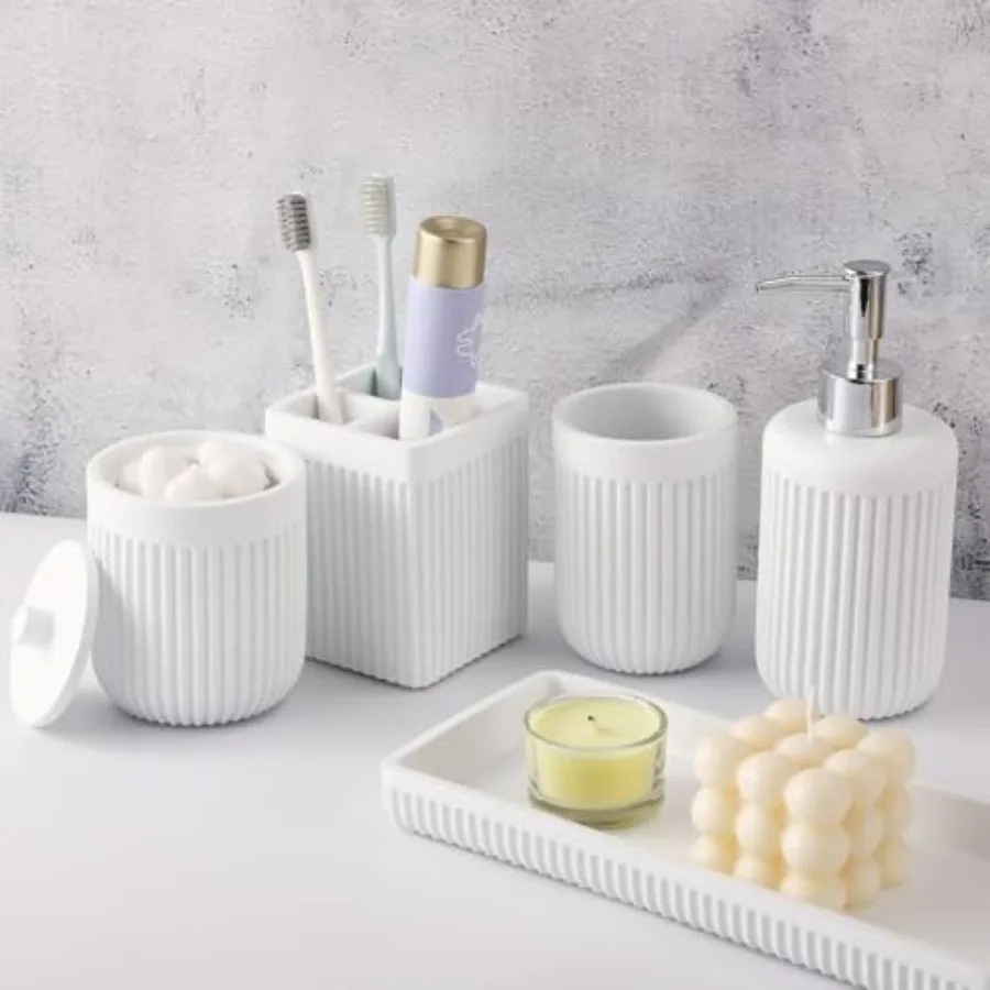 

Resin White Bathroom Accessories Set 5 Pcs Lotion Soap Dispenser Toothbrush Holder Bathroom Tumbler Qtip Holder and Vanity Tray