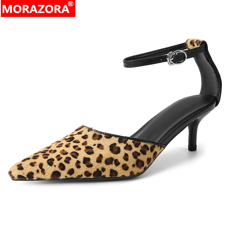 

Женские сандалии MORAZORA больших размеров 34-43 из кожи с конским волосом, на высоком каблуке-шпильке, с леопардовым принтом, с острым носком, летние, для вечеринок