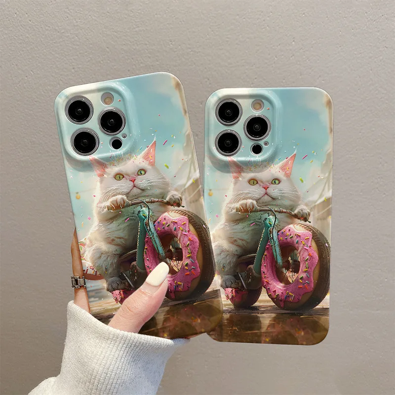 Suitable for IPhone 16 15 14 13 12 11 Pro Max Plus Creative Cartoon Cute Cat Donut Motorbike Anti-fall All-inclusive Phone Case