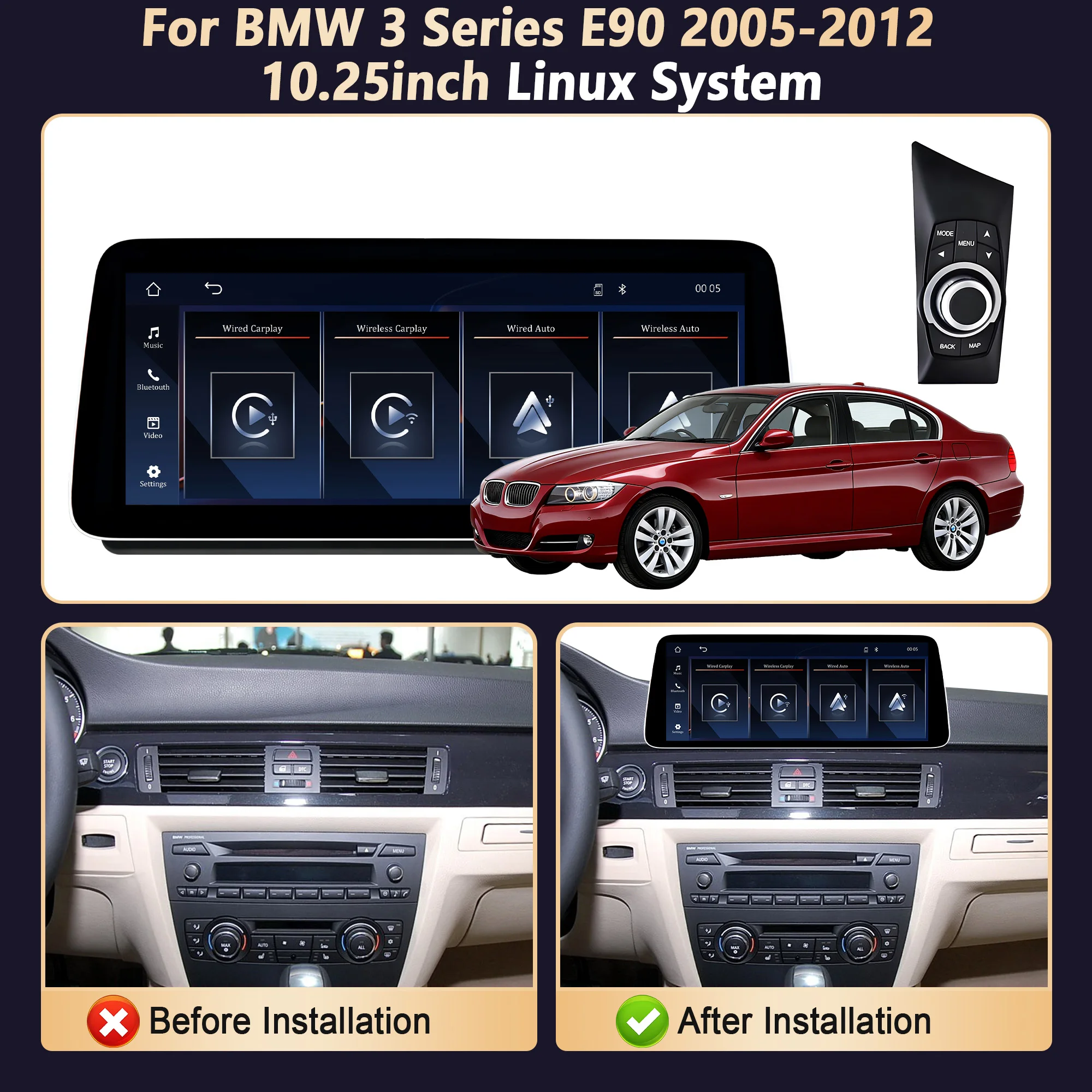 Linux Multimedia Screen Head Unit for BMW 3 Series E90 2005-2012 Wireless Carplay Android Auto Left Hand Drive & Right Hand Driv