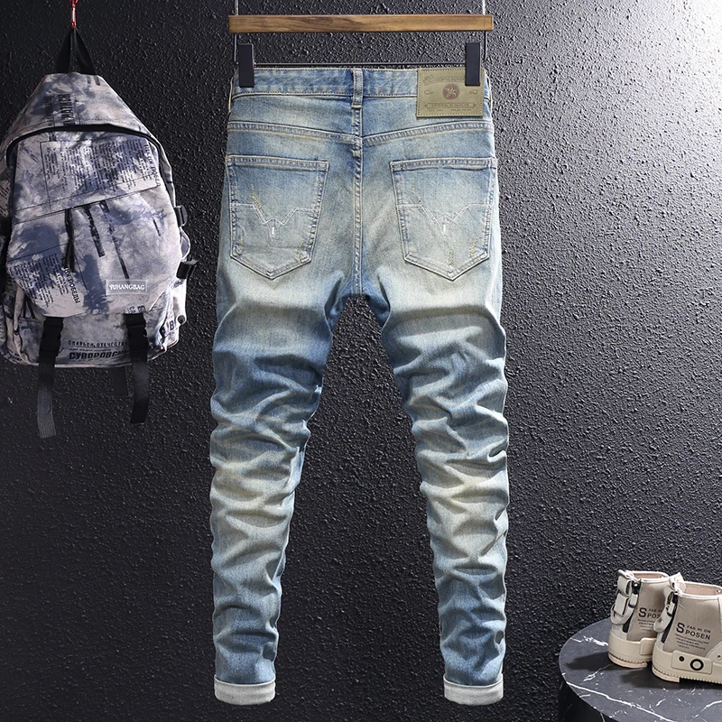Fashion Designer Men Jeans Retro Washed Blue High Quality Elastic Slim Fit Ripped Jeans Men Trousers Vintage Denim Pants Hombre