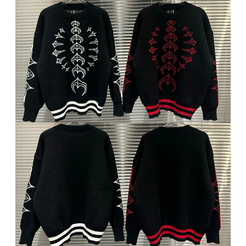 

Thug Club Knitted Pullover Star Moon Logo Contrasting Color Keel Patchwork Long-sleeved Short Wide Sweater Unisex