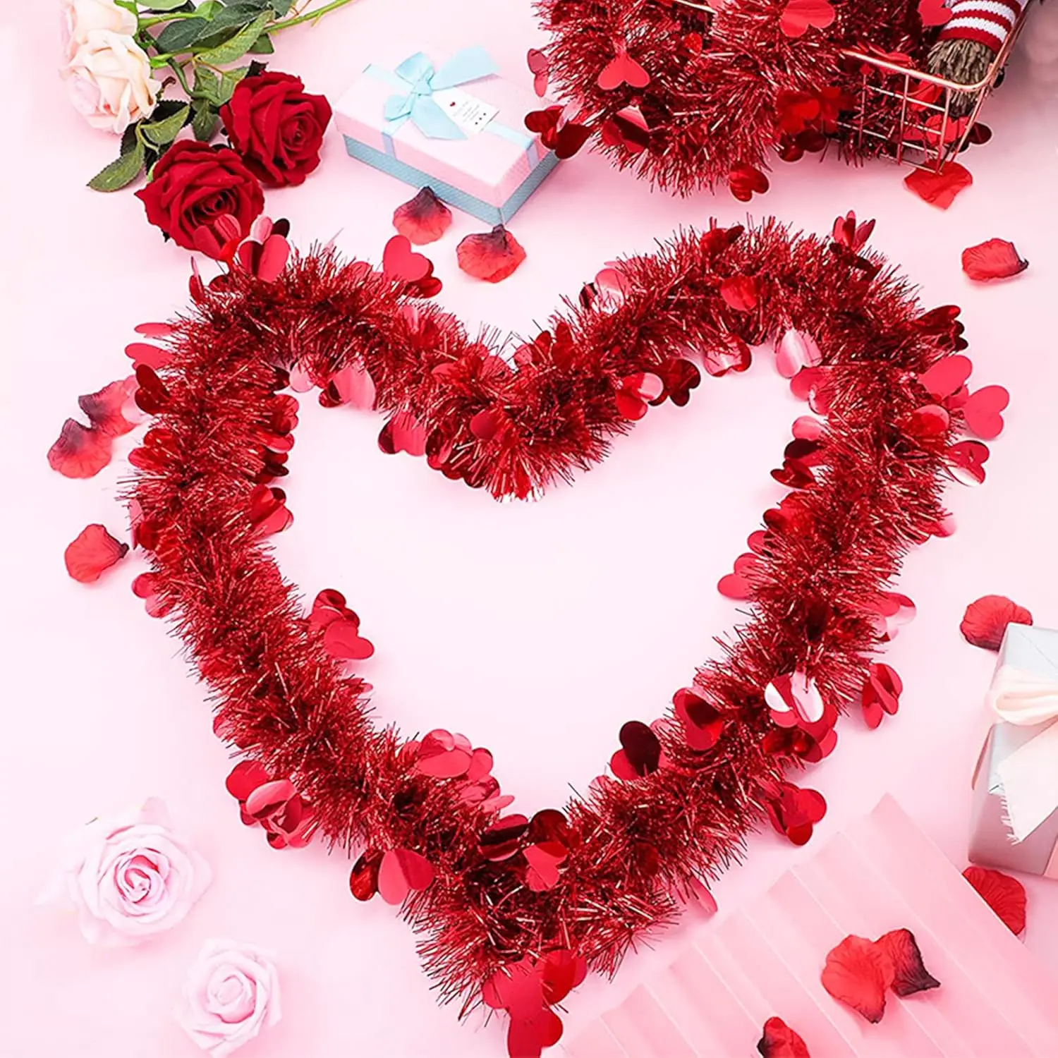 Valentine\'s Day Tinsel Garland White Red and Pink Twist Garland for Valentine Wedding Birthday Indoor Outdoor Party Decorations
