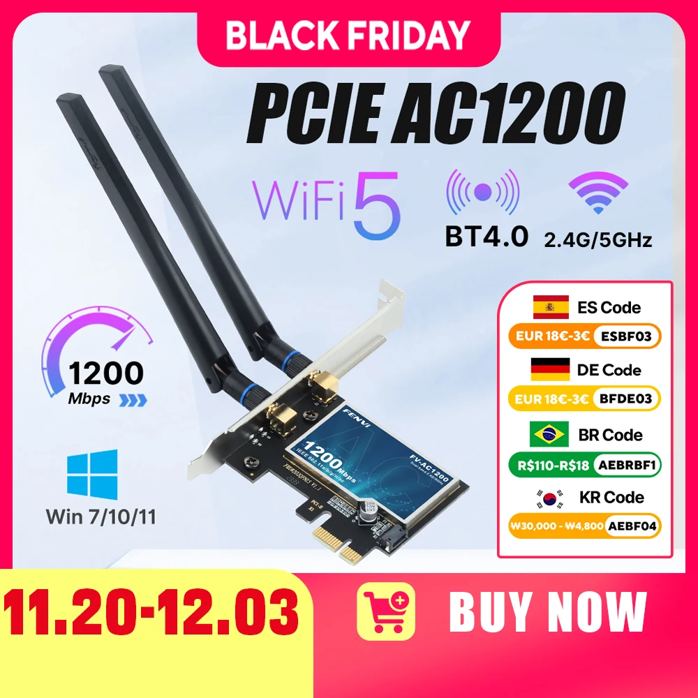 Fenvi WiFi5 AC1200 PCIE WiFi محول BT4.0 1200Mbps WiFi بطاقة ثنائي النطاق 802.11ac ترقية الشبكات للكمبيوتر المكتبي Win 7/10/11