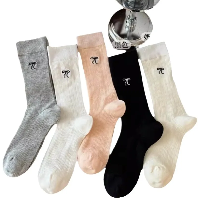 1/5 pairs Women's summer thin casual comfortable mid tube socks bow ties long tube socks breathable mesh women stacking socks