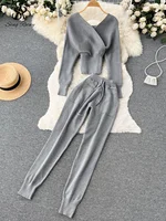 SINGREINY Winter Casual Knitted Two Pieces Suits V Neck Long Sleeve Sweater+ Elastic Casual Long Pants Sets Women Sweater Sets - Image 4