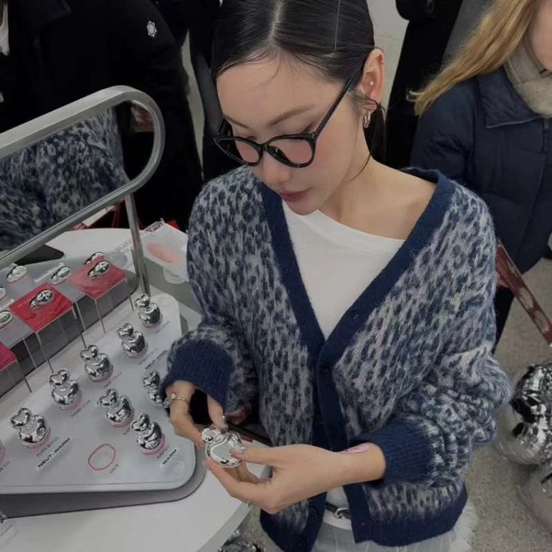 Asif Calie Korea Niche Brand Asif Calie Mohair Leopard Print Knit Button-Up Sweater Cardigan Women's Fashion