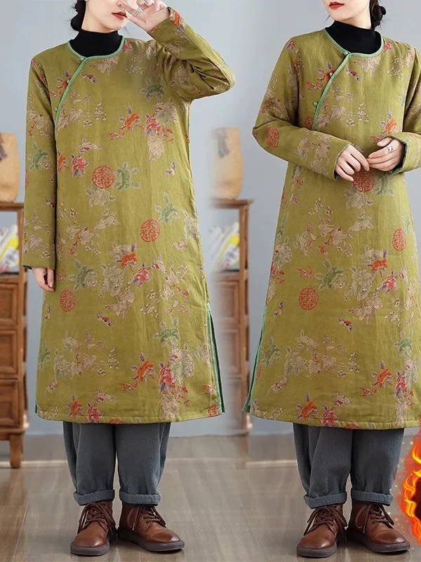 

Chinoiserie een Double Happin Print Cotton Dr Manin Collar Mid-Length Qipao Gown with Button Detail Traditional Ch...