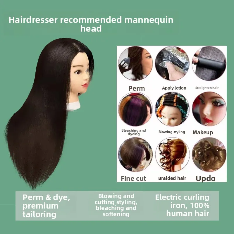 100% Human Hair Mannequin Head Realistic Doll Heads Hairdressing Practice for Dye Bleach Hot Curl Braiding Training Dummy Head