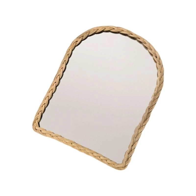 Woven Faux Rattan Wall Mirror Handmade Arched Hanging Mirror with Wood Frame for Farmhouses Living Room Bedroom
