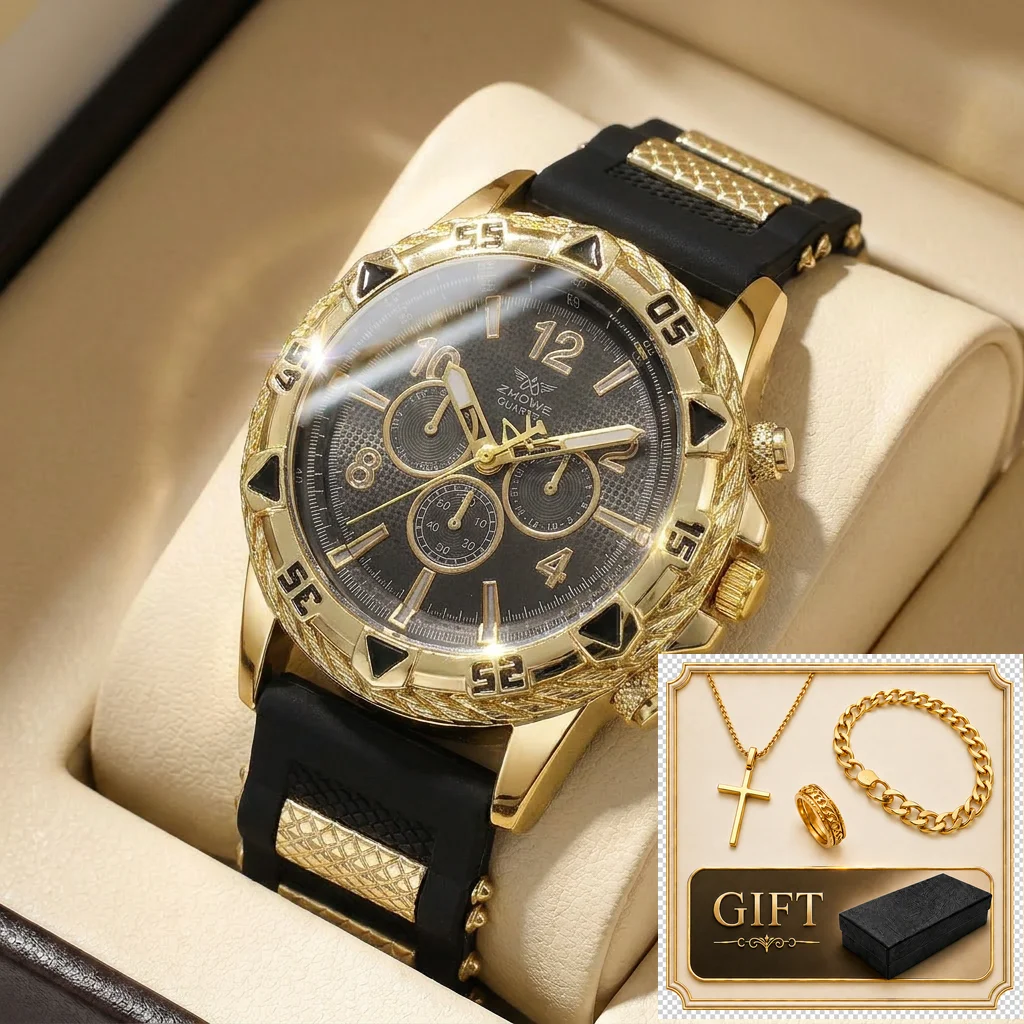 

4pcs gift box set Men's black dial silicone strap fashion jewelry details Quartz Watch Gift Box Set for party holiday