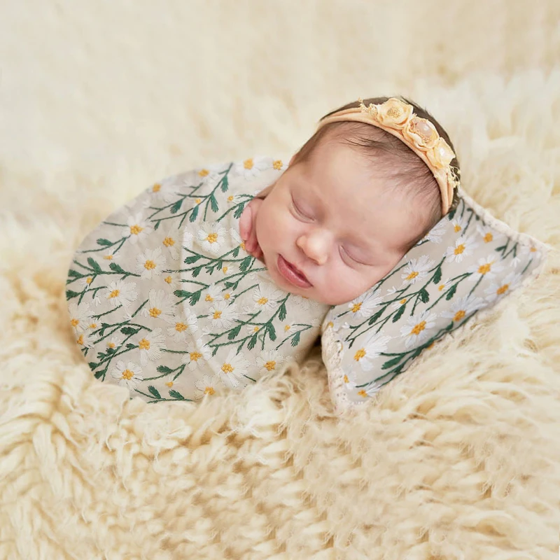 Embroidery Newborn Hemp Cotton Wrap Photography Props Daisy Plant Assisted Modeling Pillow Baby Photo Shoots Studio Set