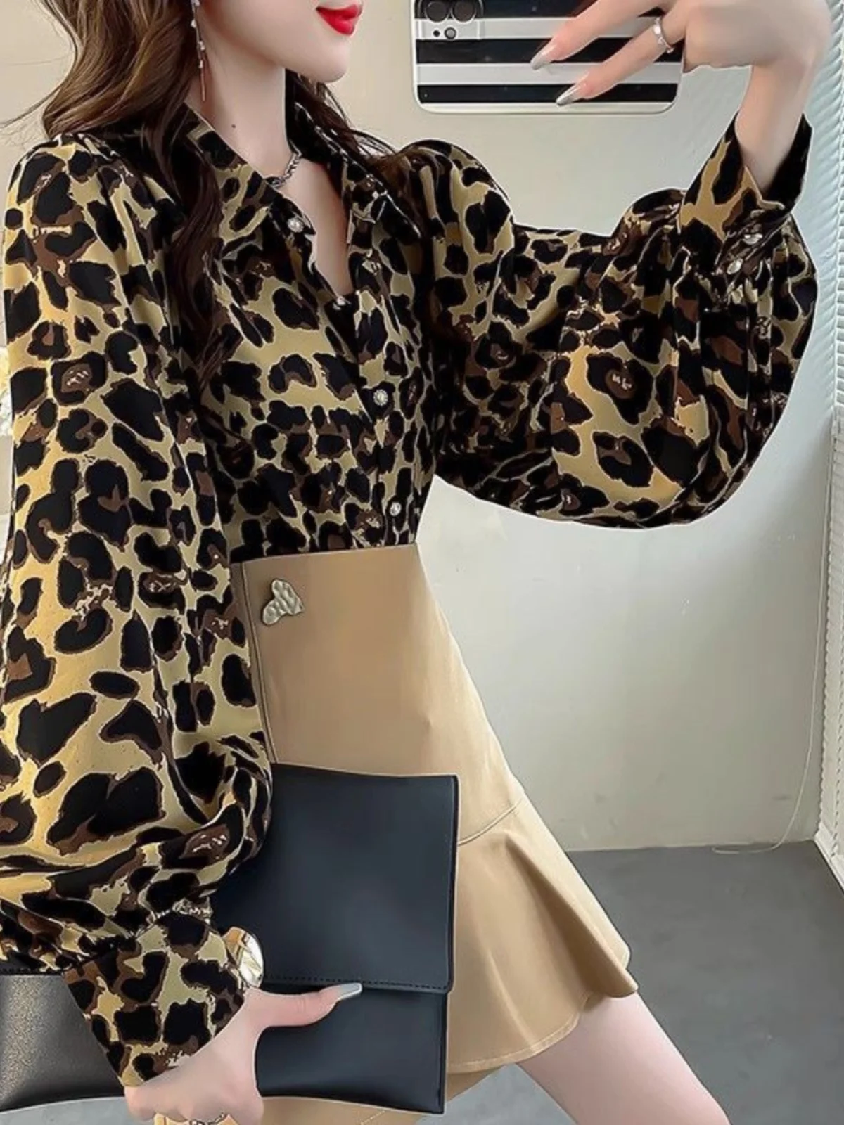 Wyszczuplający Top z Nadrukiem w Leoparda, Modny, Damski, Jesienny, z Szyfonu, Elegancki, Luźny, Długi...