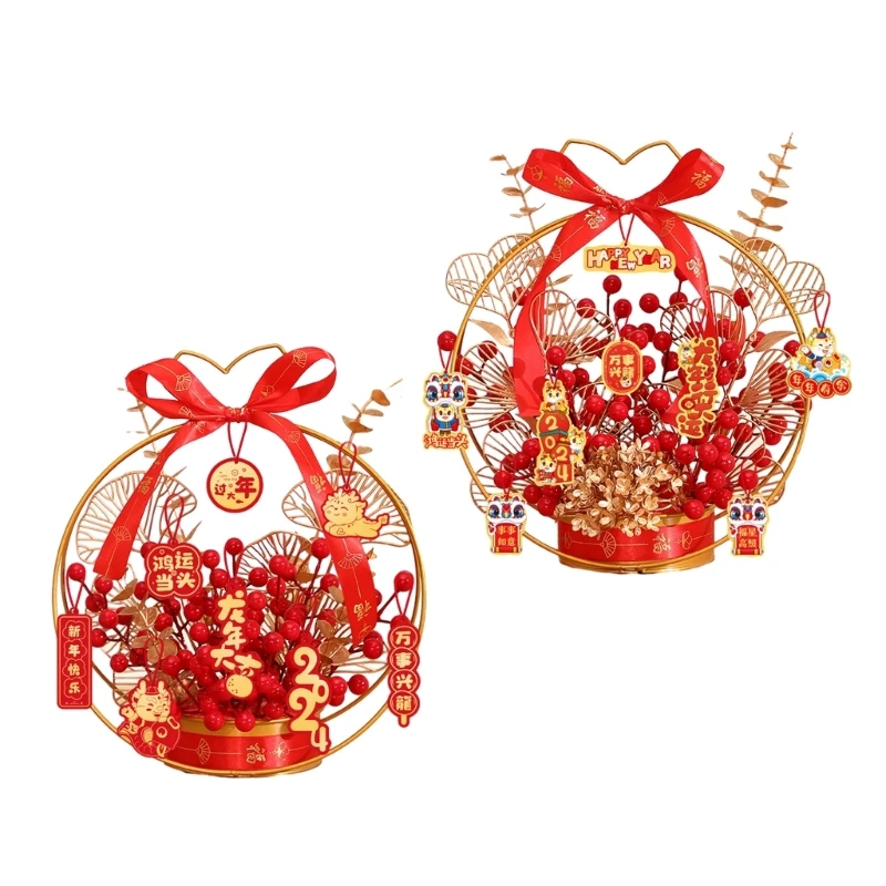 

2024 Chinese New Year Decoration Fruit Artificial Flower Money Bag with Berries Vase Traditional Spring Festival Party