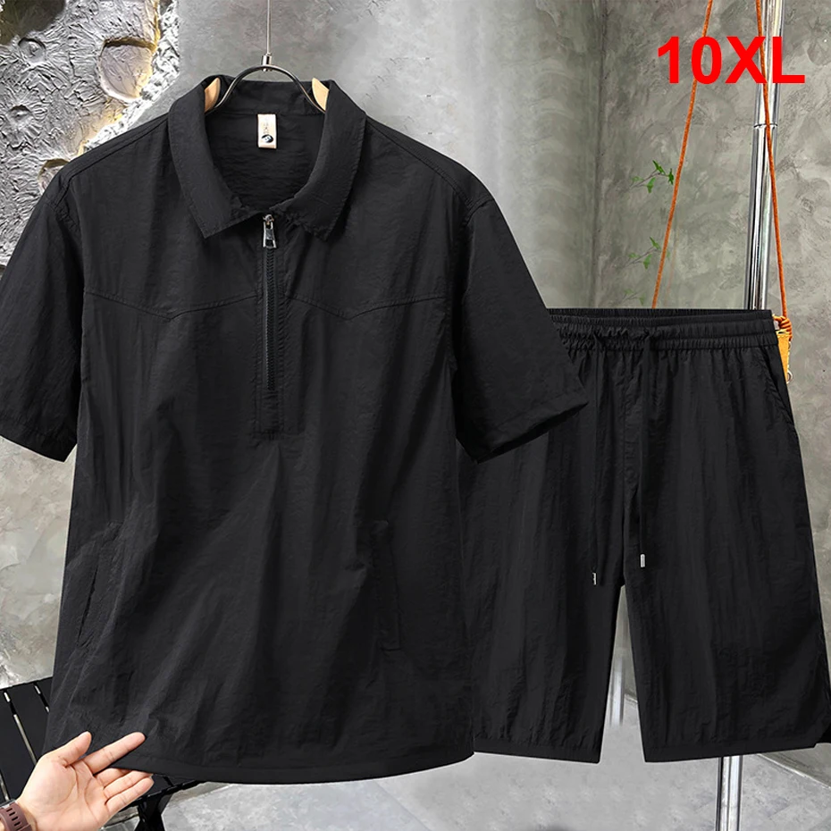Summer Tracksuits Men Plus Size 10XL Summer Sets Casual Fashion Quick Drying Hooded Shirts Shorts Suits Male Big Size 10XL