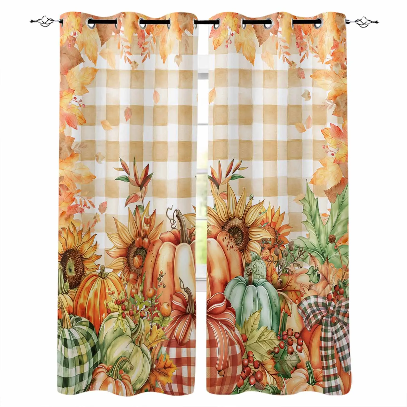 

Thanksgiving Pumpkin Leaves Sunflower Grid Blackout Curtains For Living Room Bedroom Window Treatment Drapes Home Decor