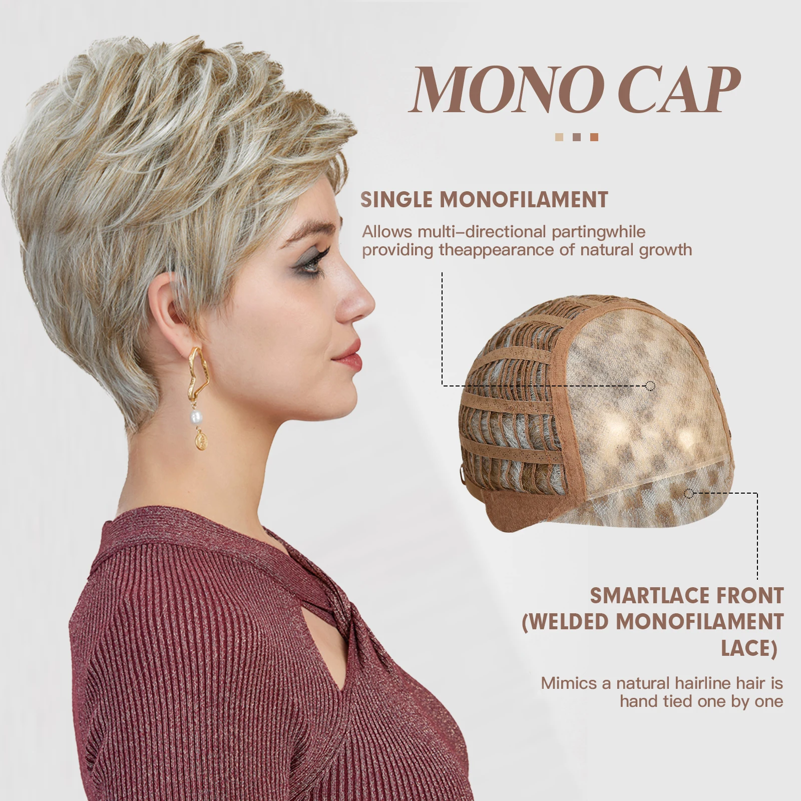 Blonde White Highlights Monofilament Wigs for Women Glueless Hand Tied Lace Front Wig Short Straight Pixie Cut Wig Imported Silk