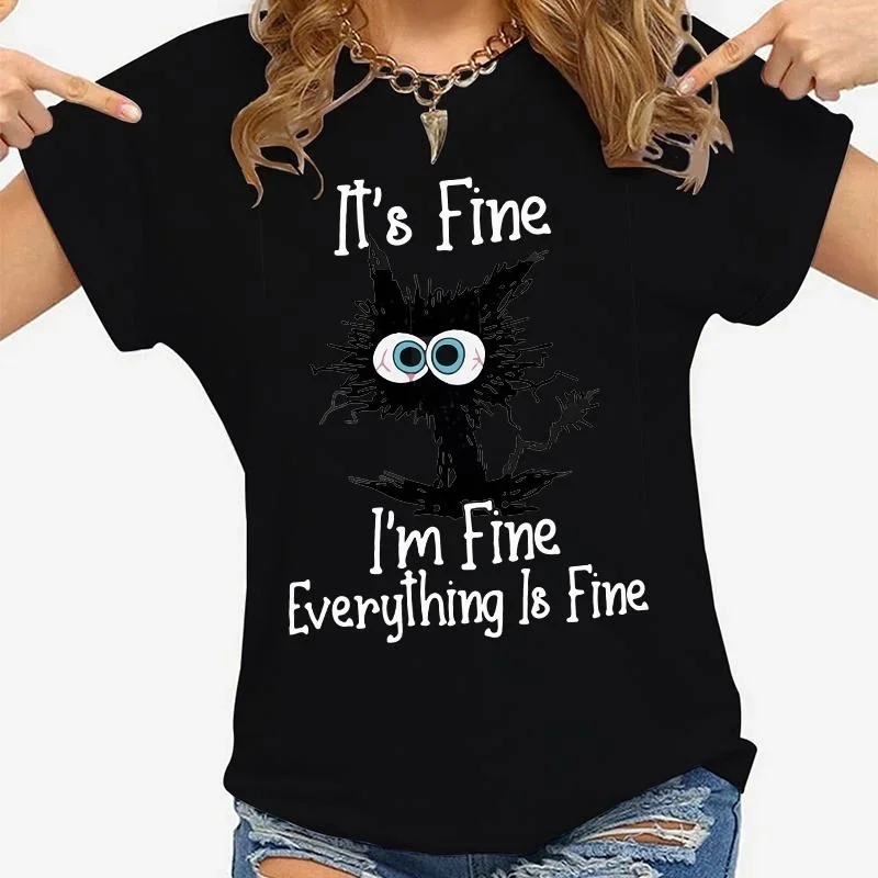 Dameskleding Kat It's Fine I'm Fine Everything Is Fine Print T-shirts Zomer Casual Mode Gepersonaliseerde Dameskleding