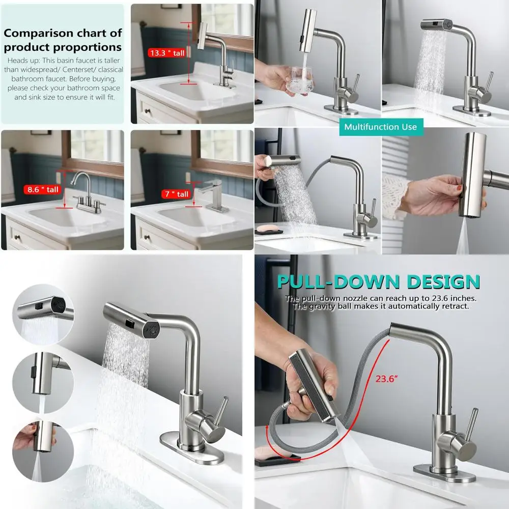 

13.3 Modern Brushed Nickel Tall Bathroom Faucet with 3-Mode Spray, Laundry Sink Mixer Tap, Single Handle for 1 or 3 Holes